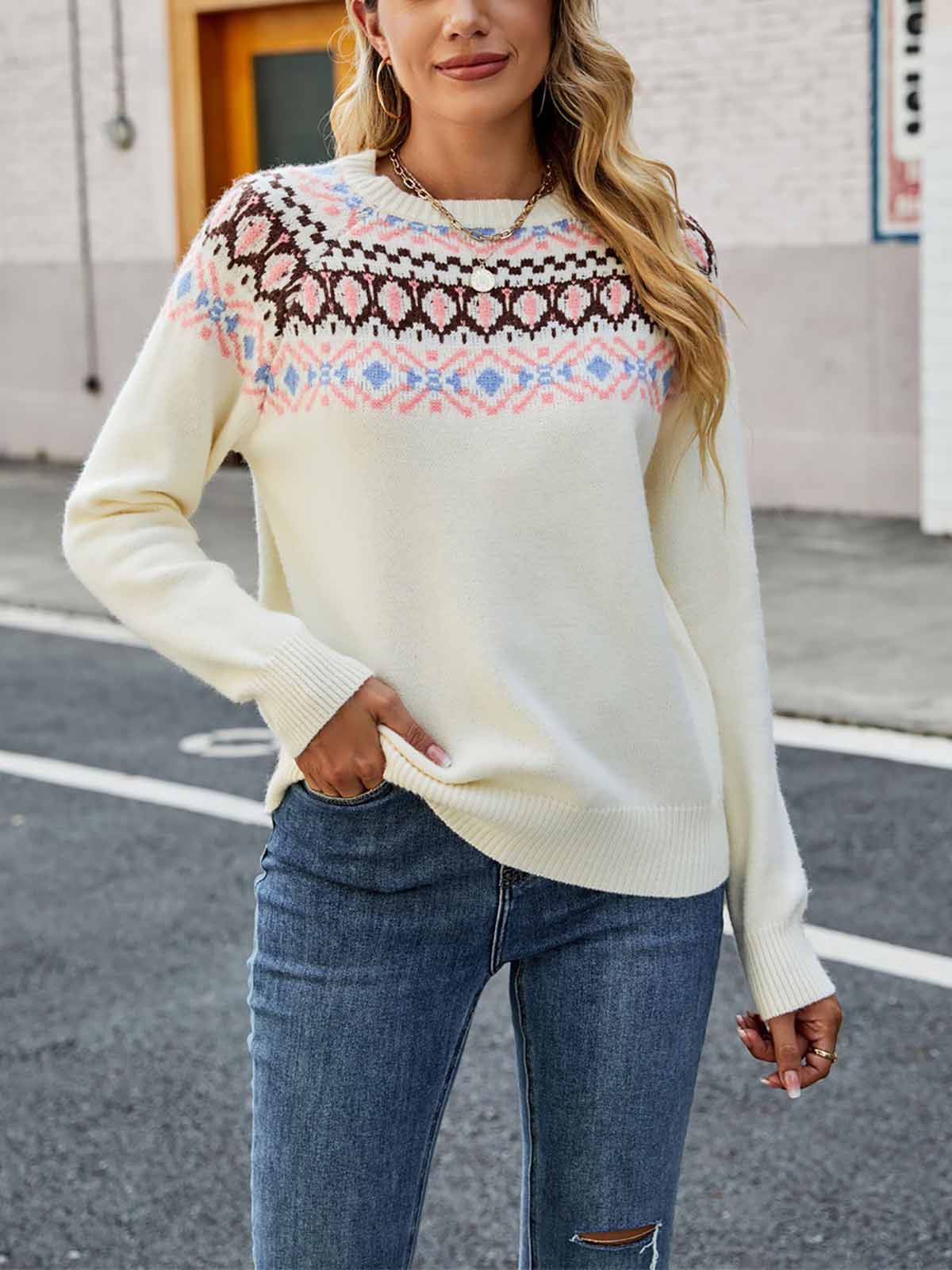 Vintage Jacquard Color Block Knit Sweater