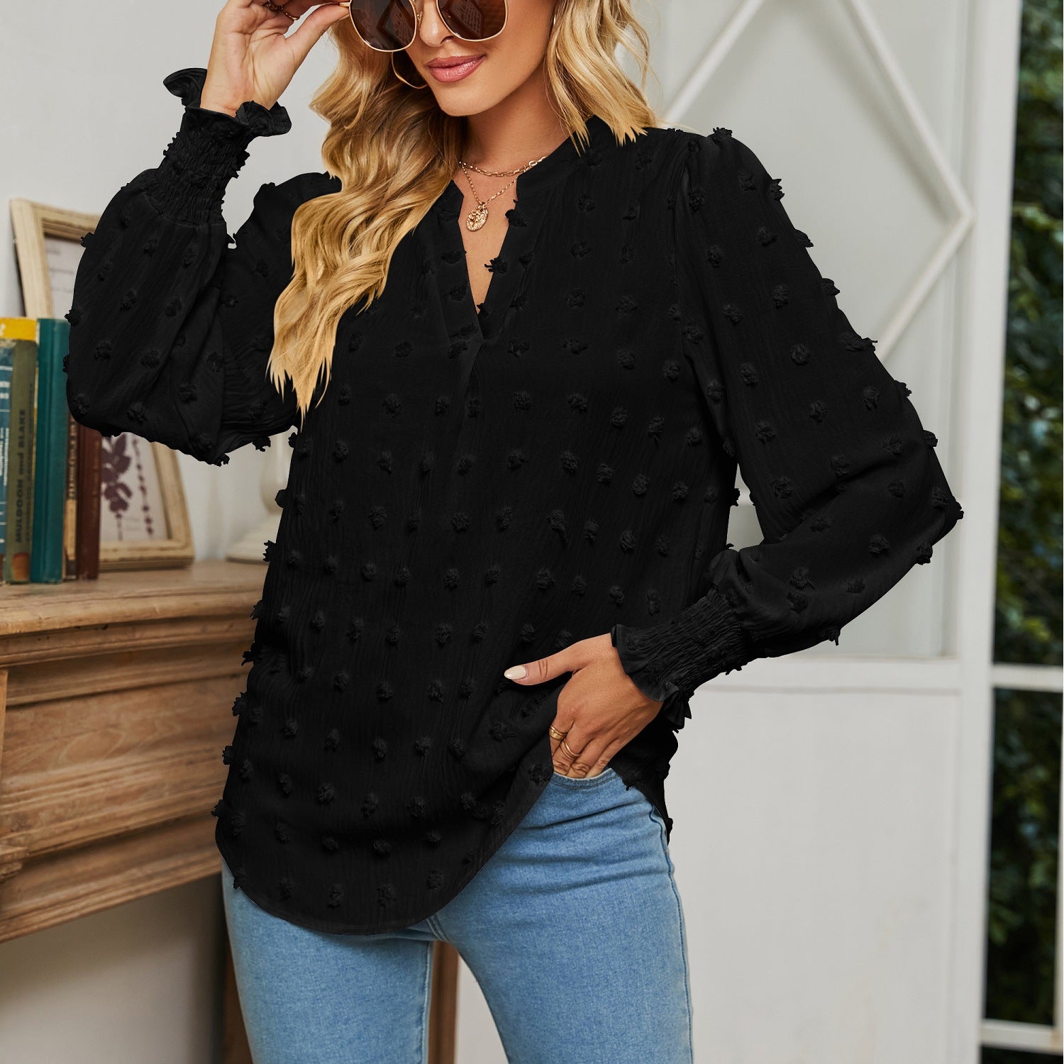 Polka Dot Puff Sleeve V-Neck Shirt