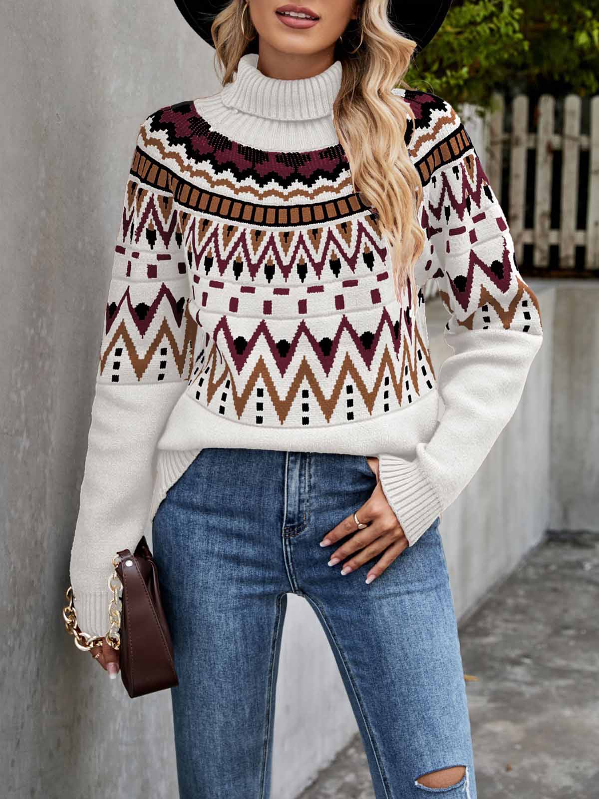 Retro Stripe Stitching Contrast Color Turtleneck Sweater