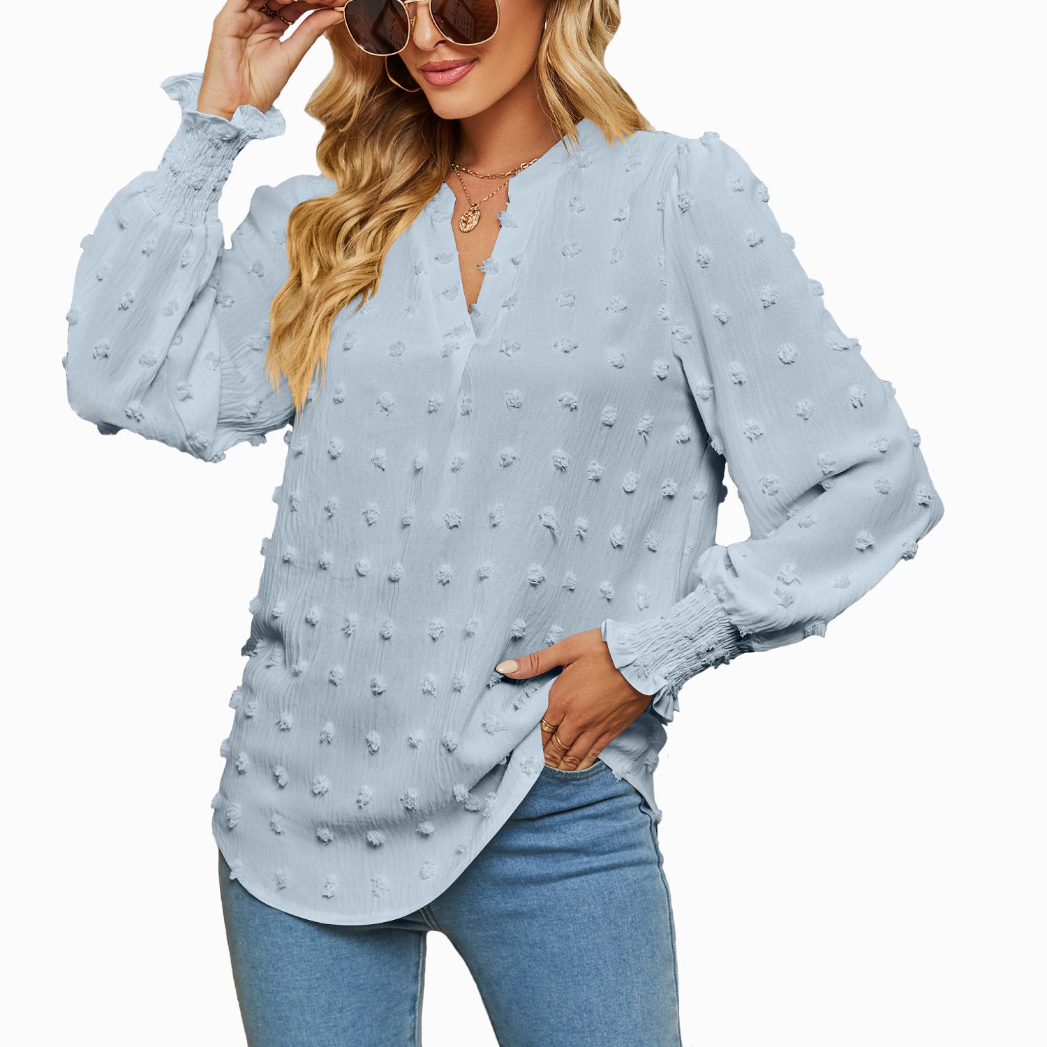 Polka Dot Puff Sleeve V-Neck Shirt