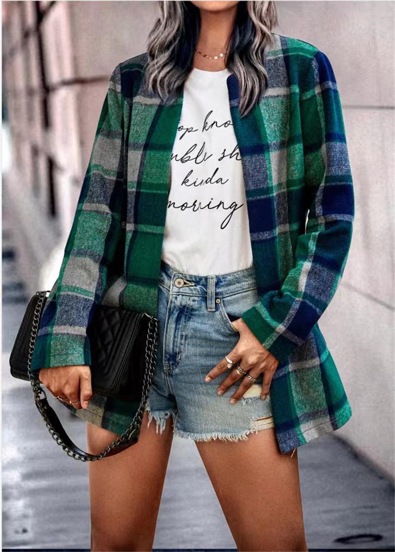 Women Lapel Loose Thicken Plaid Shirt