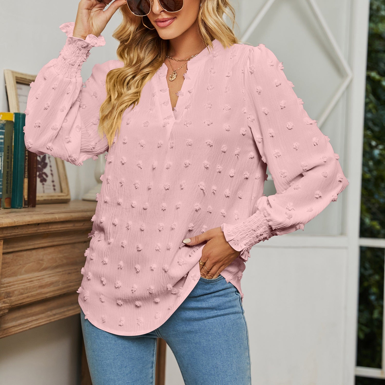 Polka Dot Puff Sleeve V-Neck Shirt