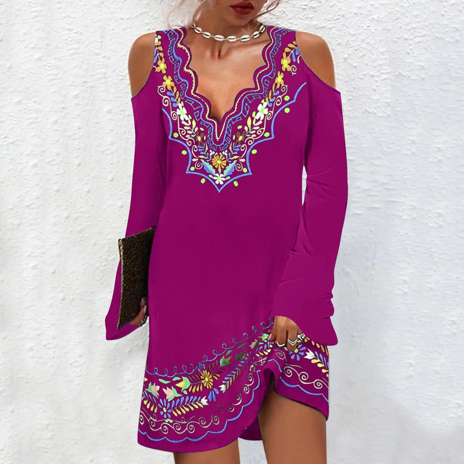 Colorful Ethnic Print Cold Shoulder Long Sleeve Dress