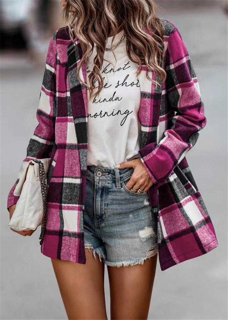 Women Lapel Loose Thicken Plaid Shirt