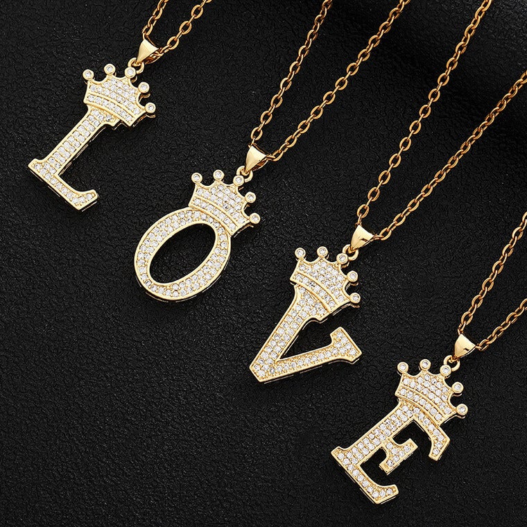 Crown Letter Pendant Personalized Custom Gold Plated Initial Necklace