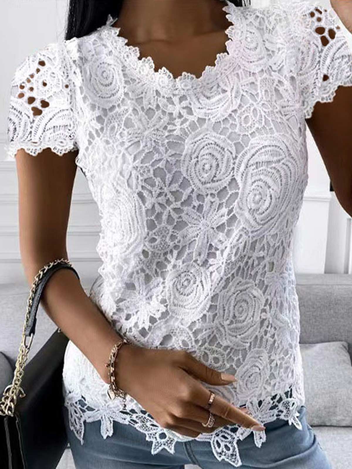 Lace Long Sleeve Crew Neck Tops