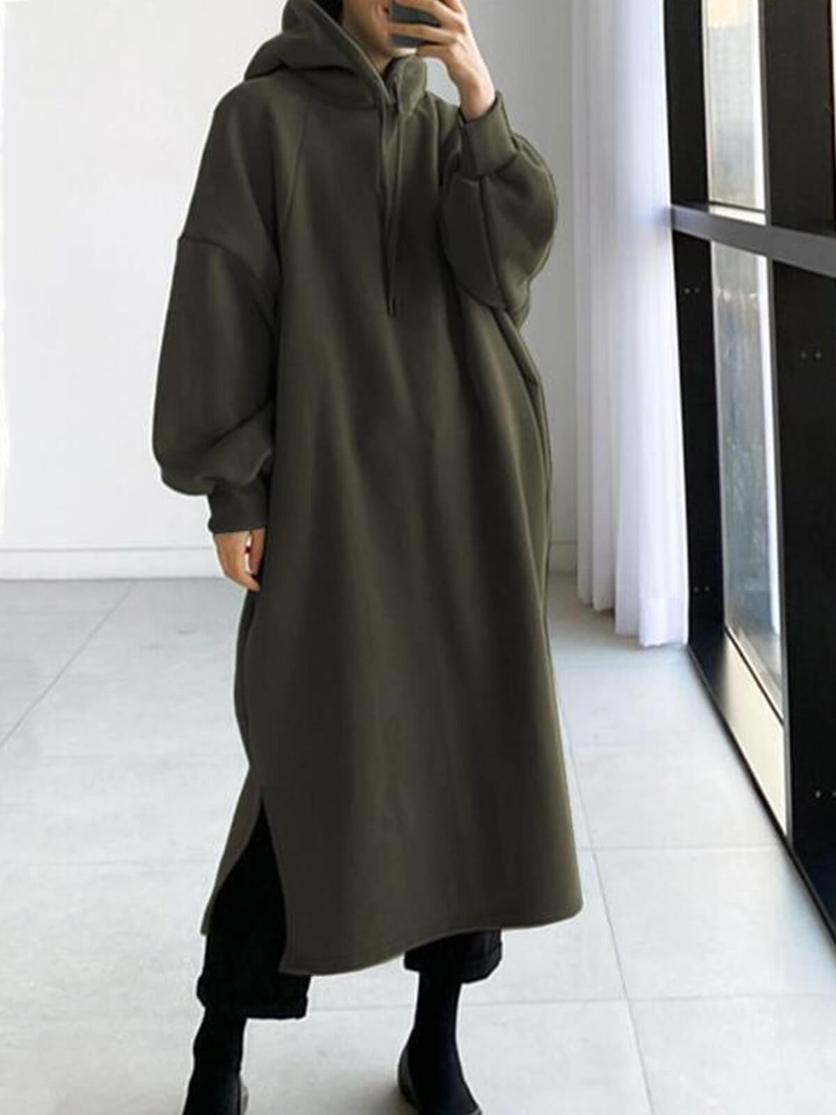 Long Sleeve Hooded Sweatshirt Maxi Dress with Pocket