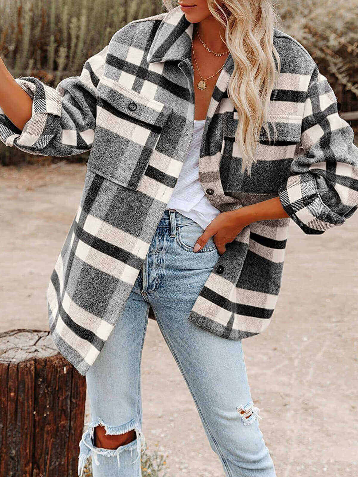 Plaid Pocket Button Top Jacket