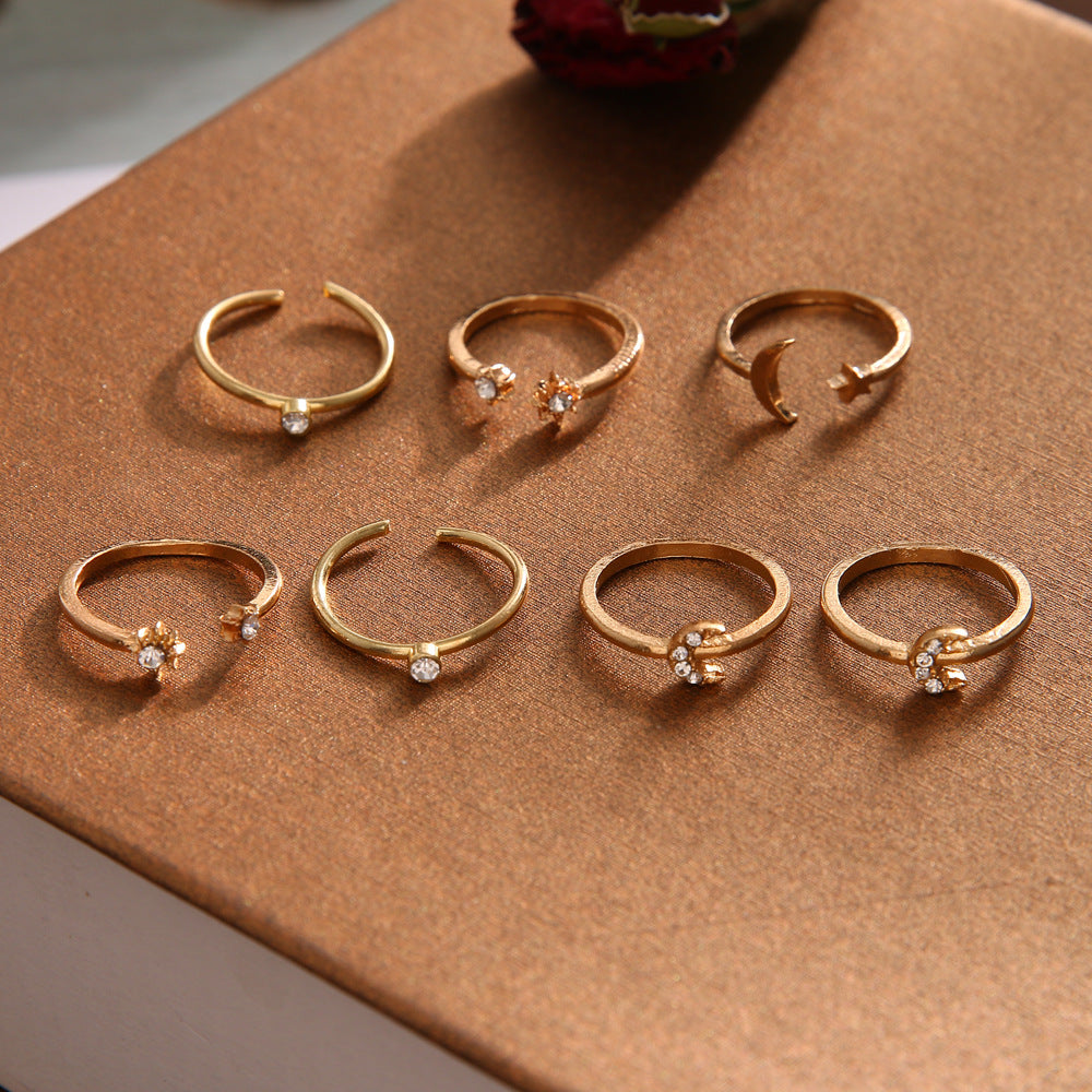 Moon and Stars 7 Piece Gold Rings