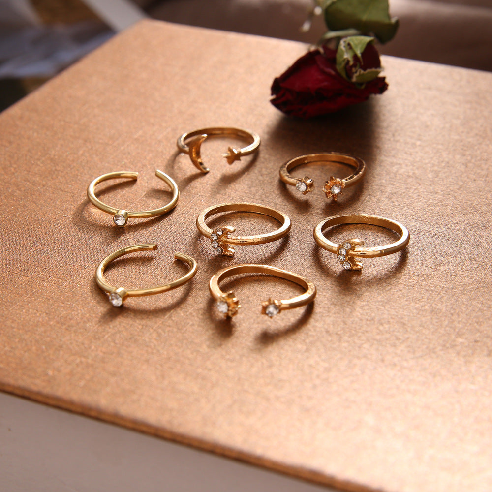 Moon and Stars 7 Piece Gold Rings