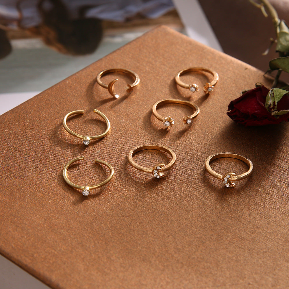 Moon and Stars 7 Piece Gold Rings