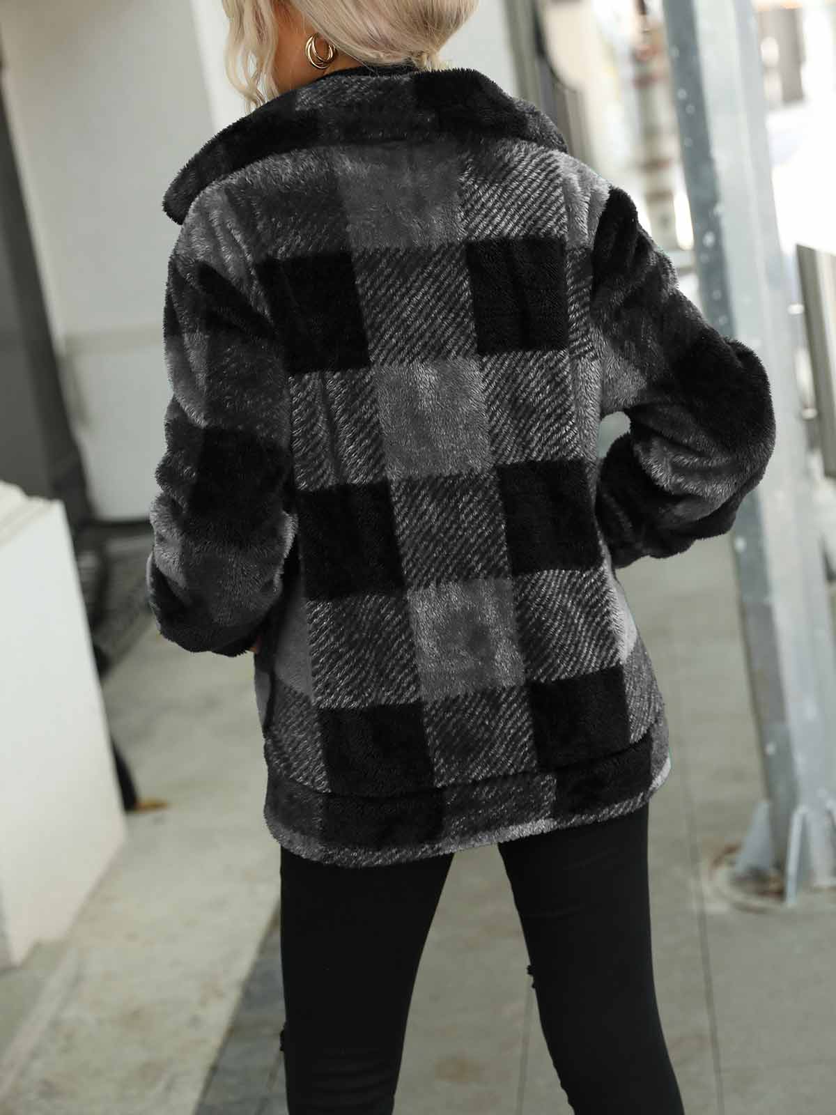 Lapel Plaid Zip-Up Jacket