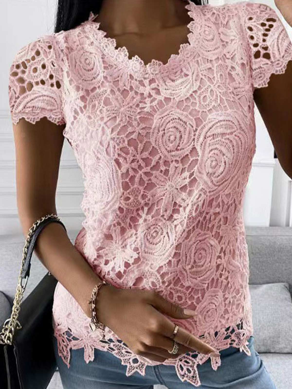 Lace Long Sleeve Crew Neck Tops