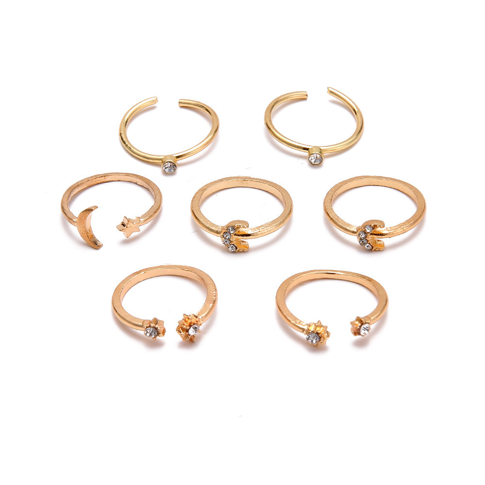 Moon and Stars 7 Piece Gold Rings