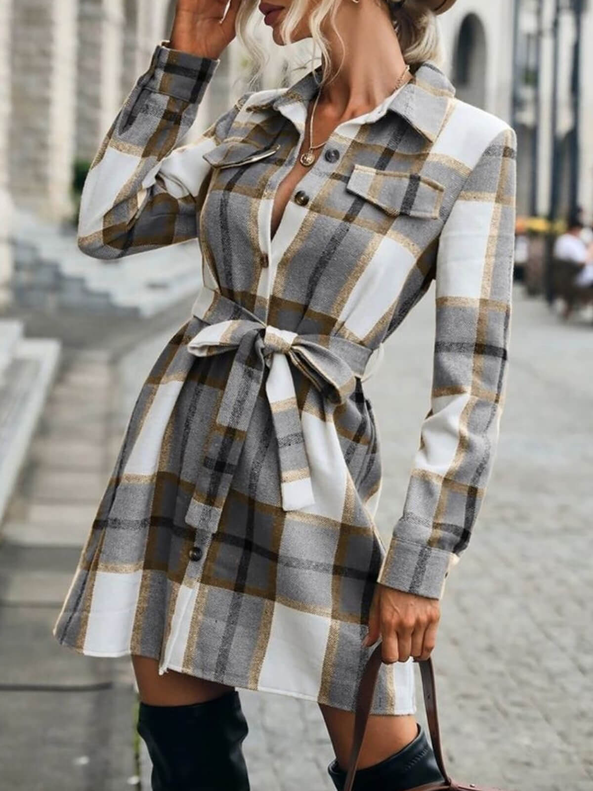 Lapel Plaid Midi Dress with Belt