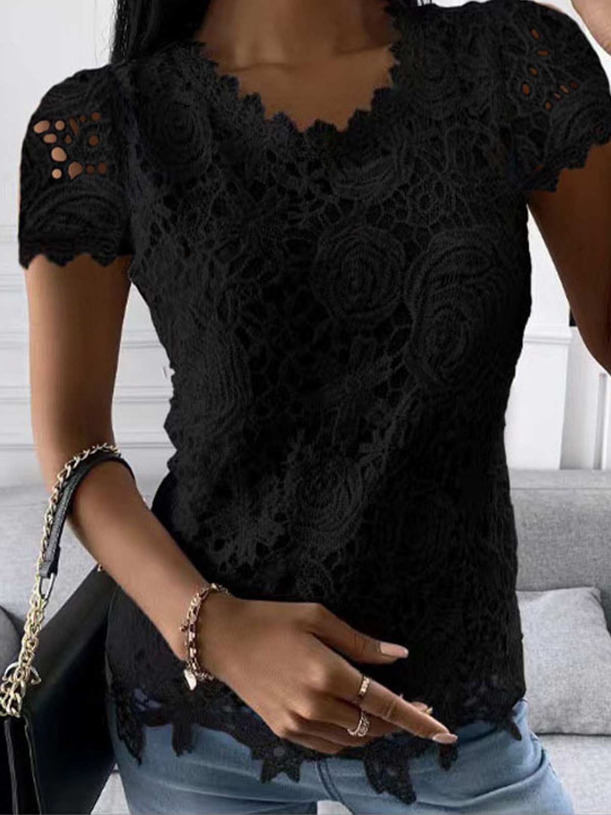 Lace Long Sleeve Crew Neck Tops