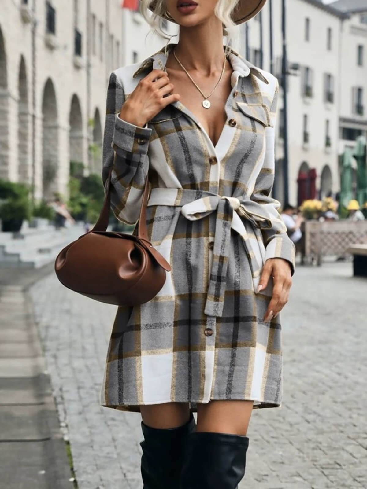 Lapel Plaid Midi Dress with Belt