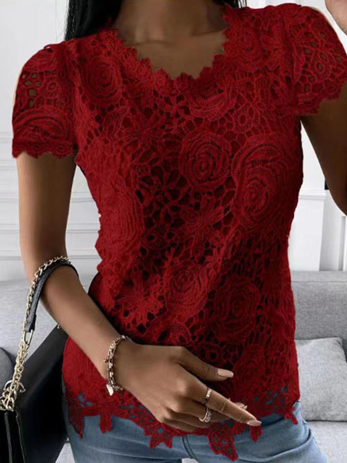 Lace Long Sleeve Crew Neck Tops