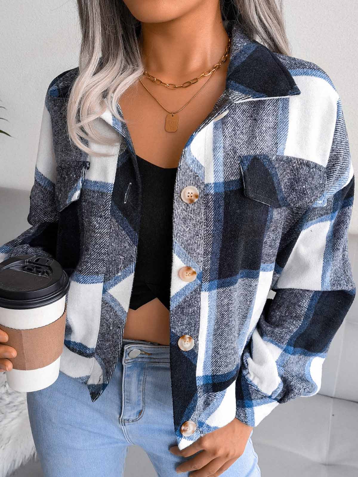 Plaid Lantern Long Sleeve Jacket