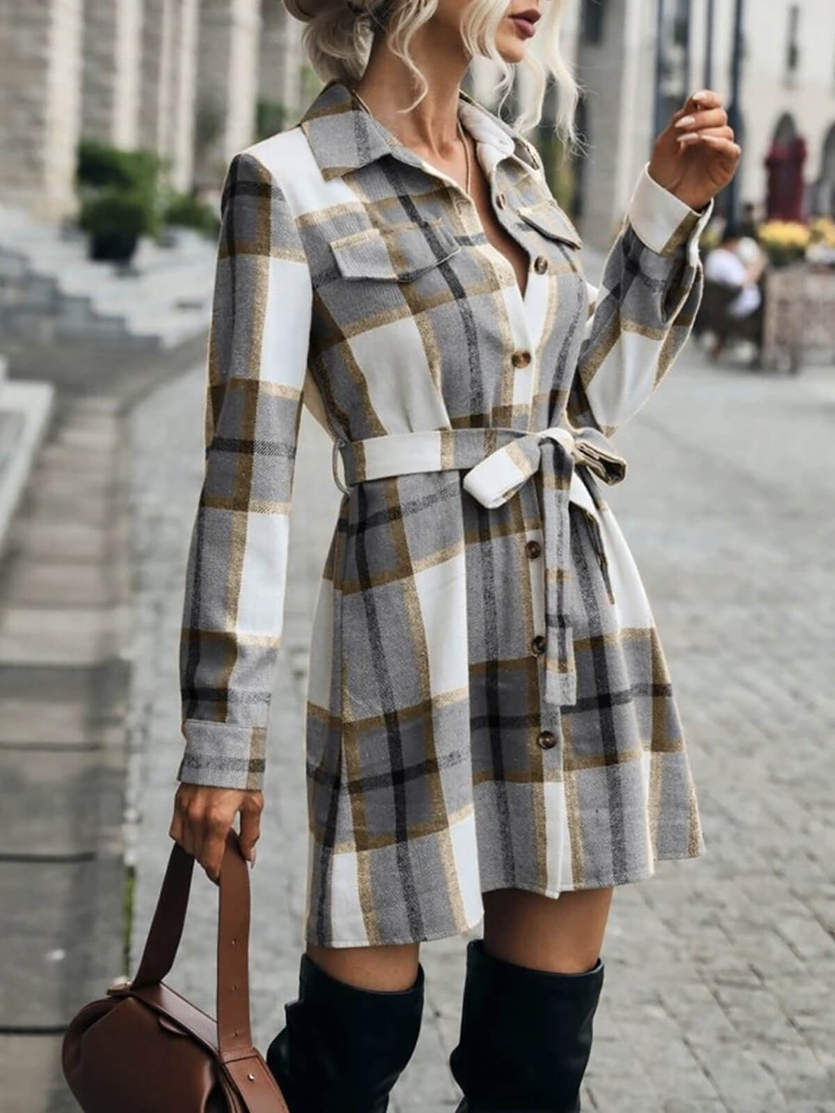 Lapel Plaid Midi Dress with Belt