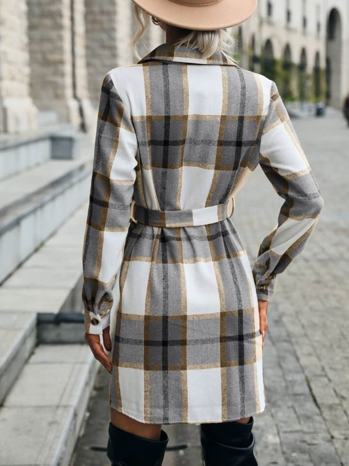 Lapel Plaid Midi Dress with Belt