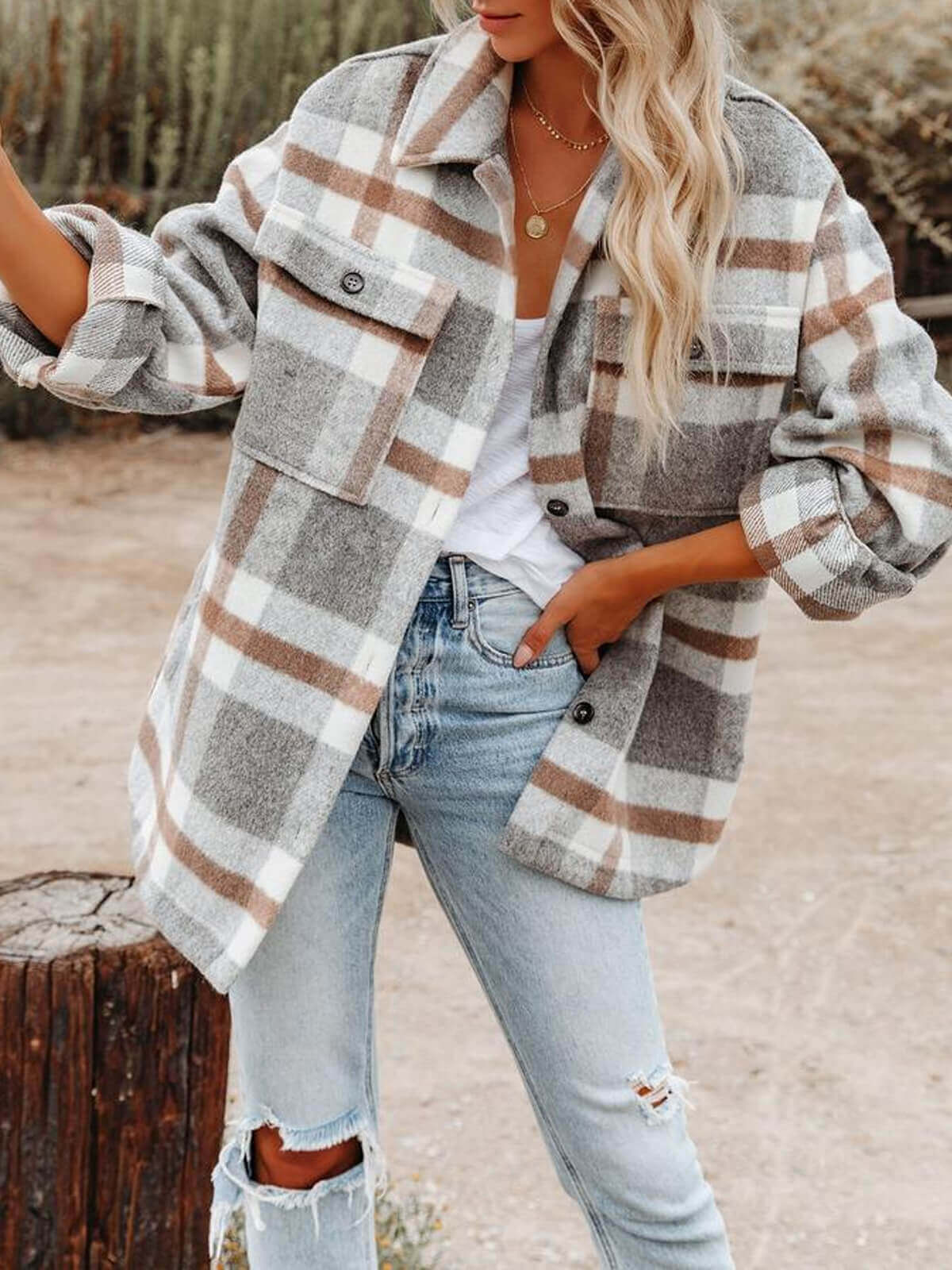 Plaid Pocket Button Top Jacket