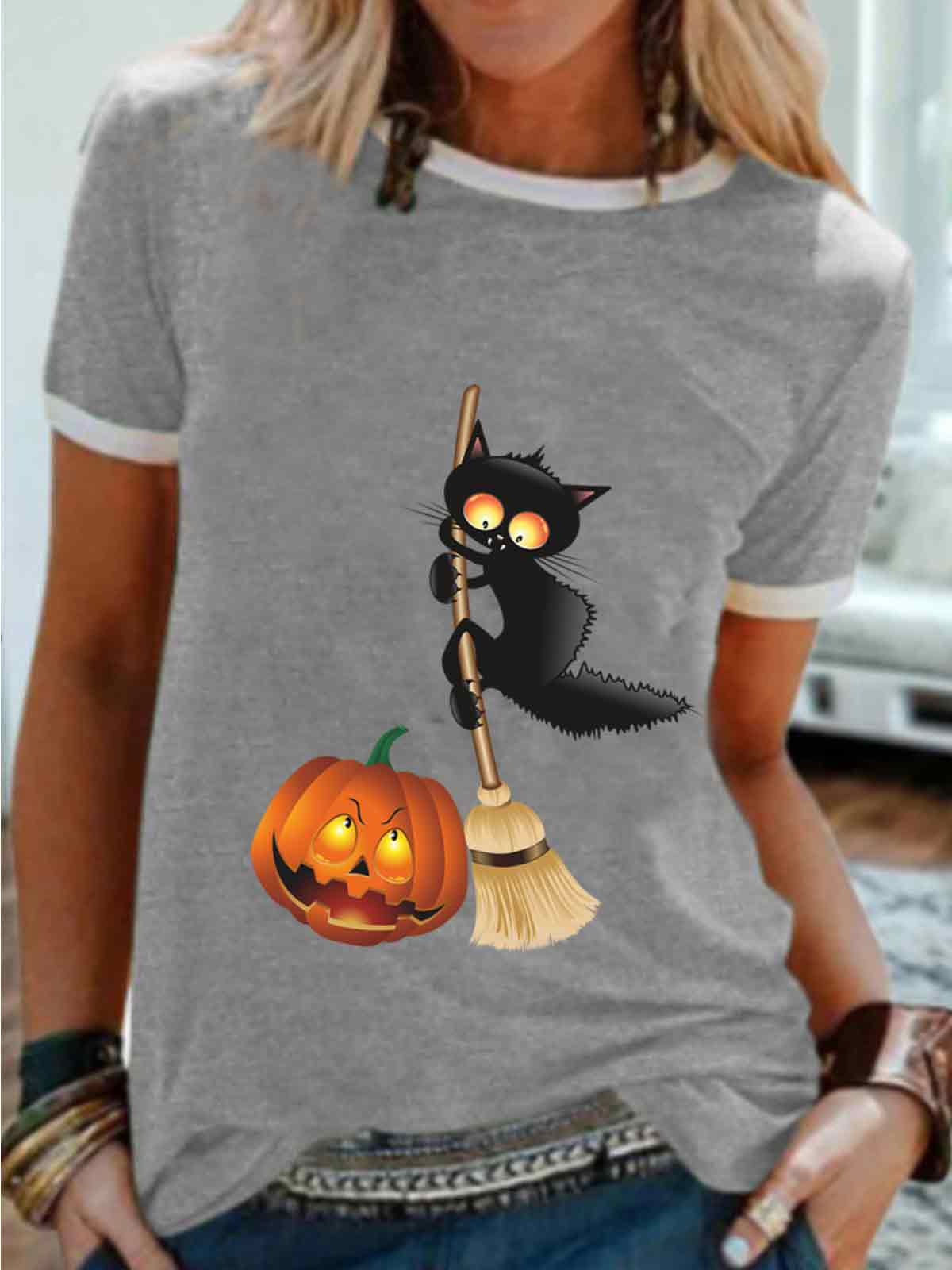 Funny Cat Halloween Crew Neck Tee