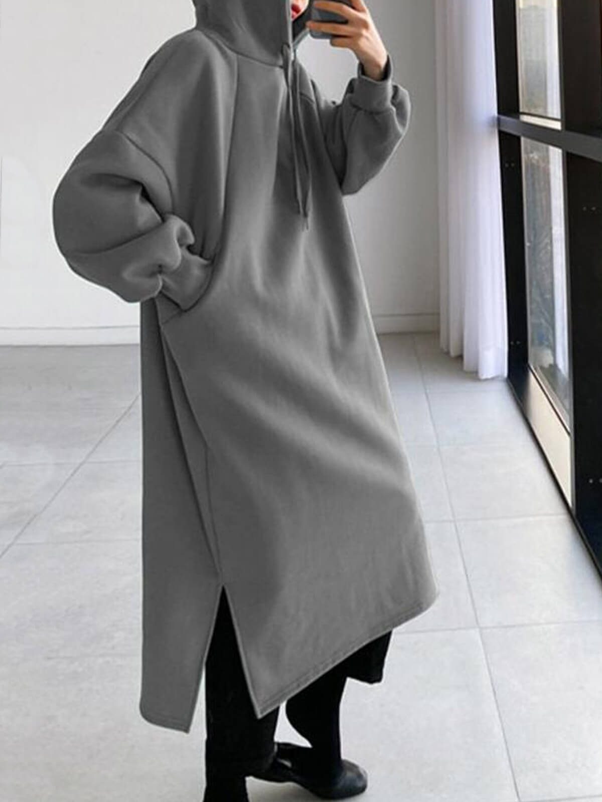 Long Sleeve Hooded Sweatshirt Maxi Dress with Pocket