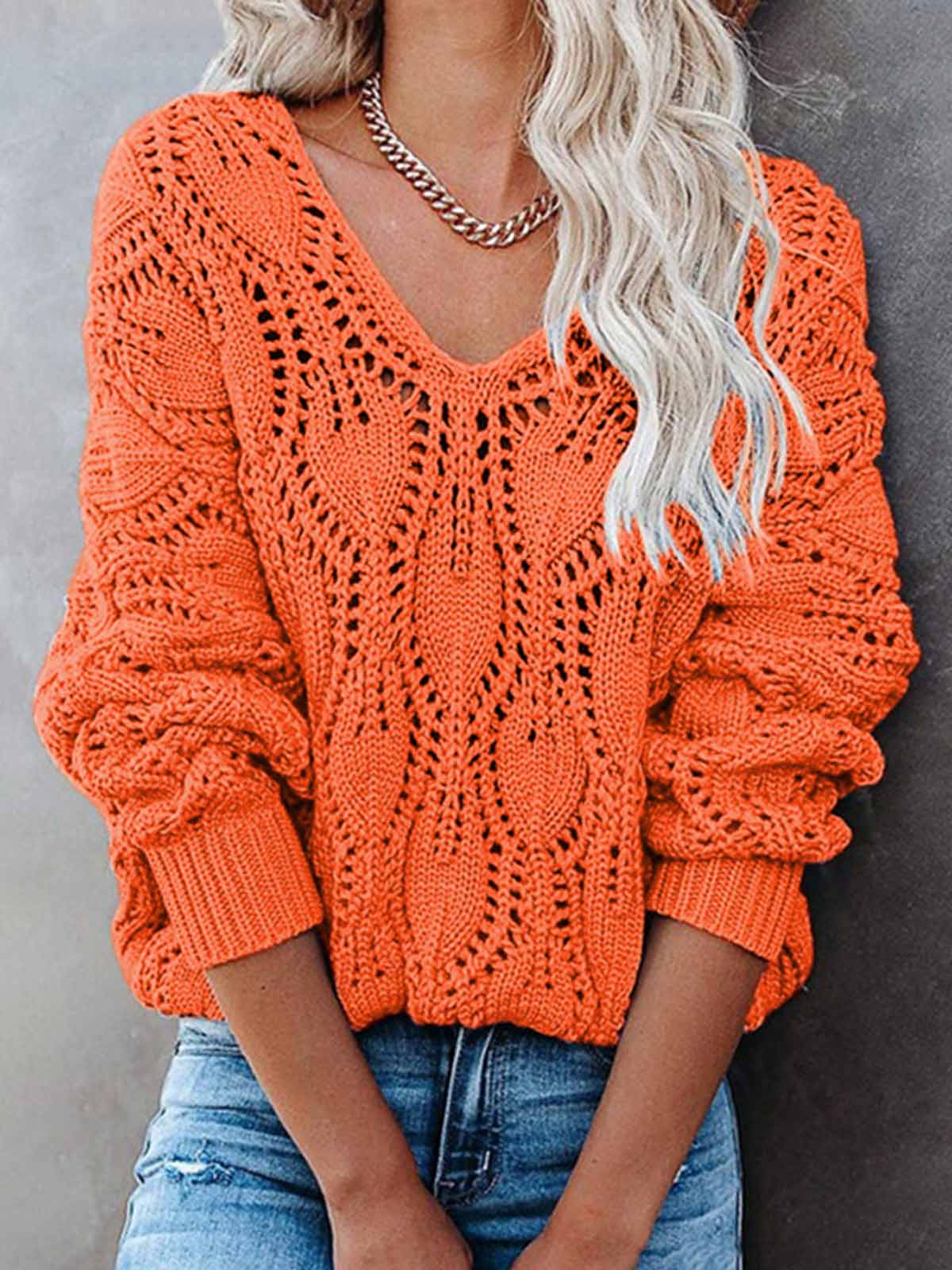 Long Sleeve V-Neck Ribbed Knit Pullover Sweaters