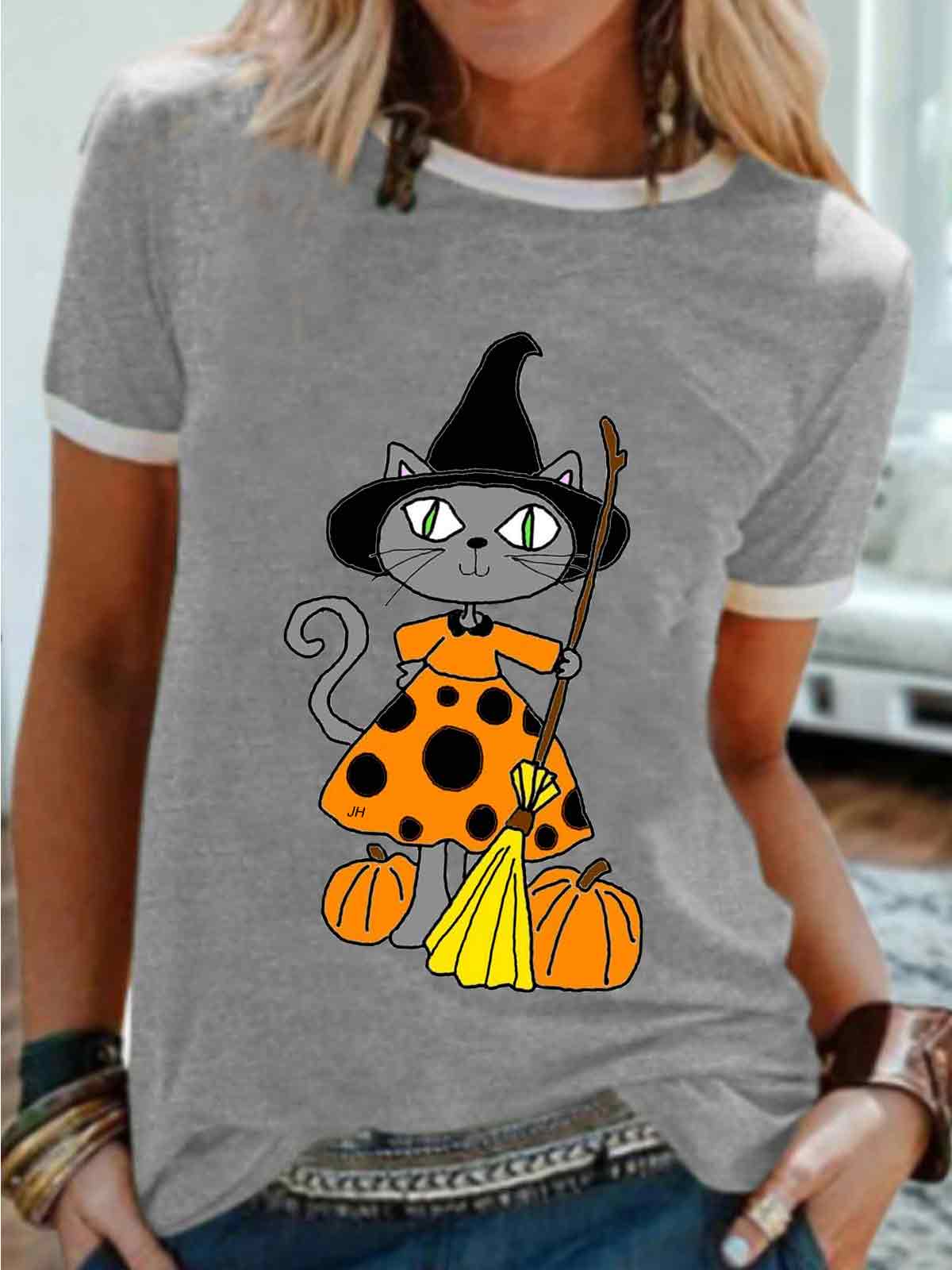 Cat WItch Halloween Crew Neck Tee