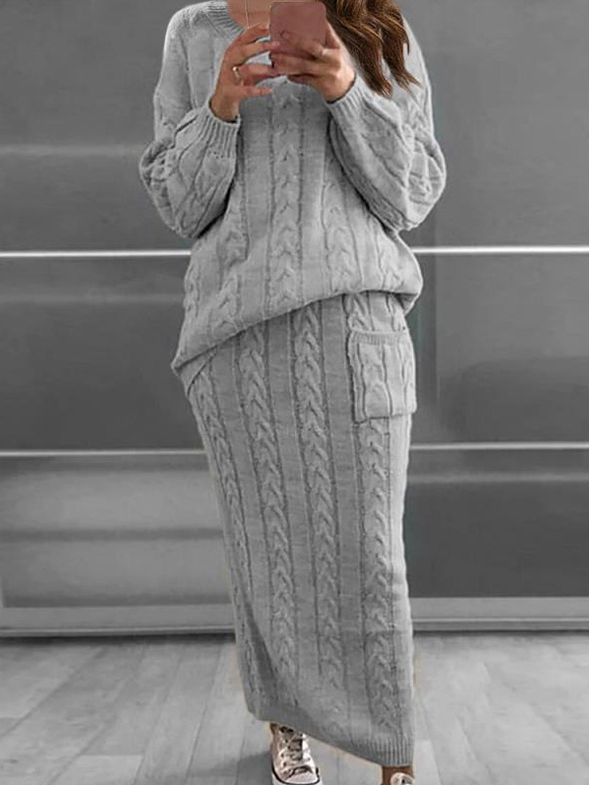 Chunky Cable Knit Long Sweater Sets