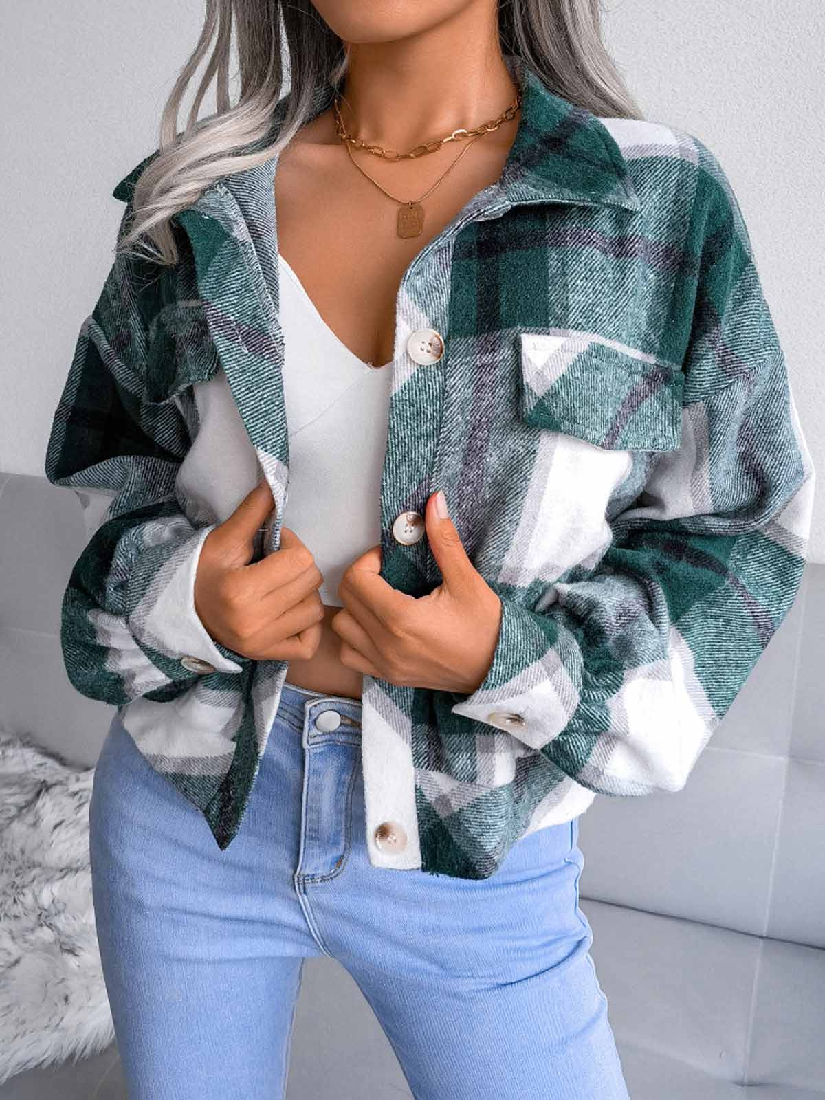 Plaid Lantern Long Sleeve Jacket