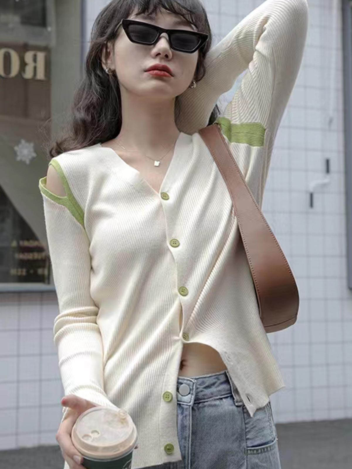 Cut Out Button Down Knit Tops