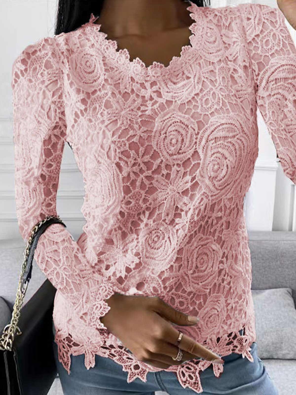 Lace Long Sleeve Crew Neck Tops