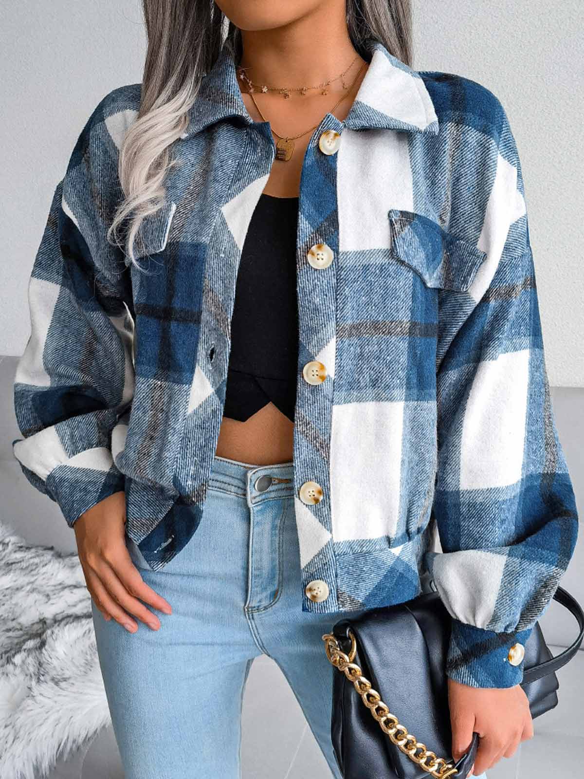 Plaid Lantern Long Sleeve Jacket