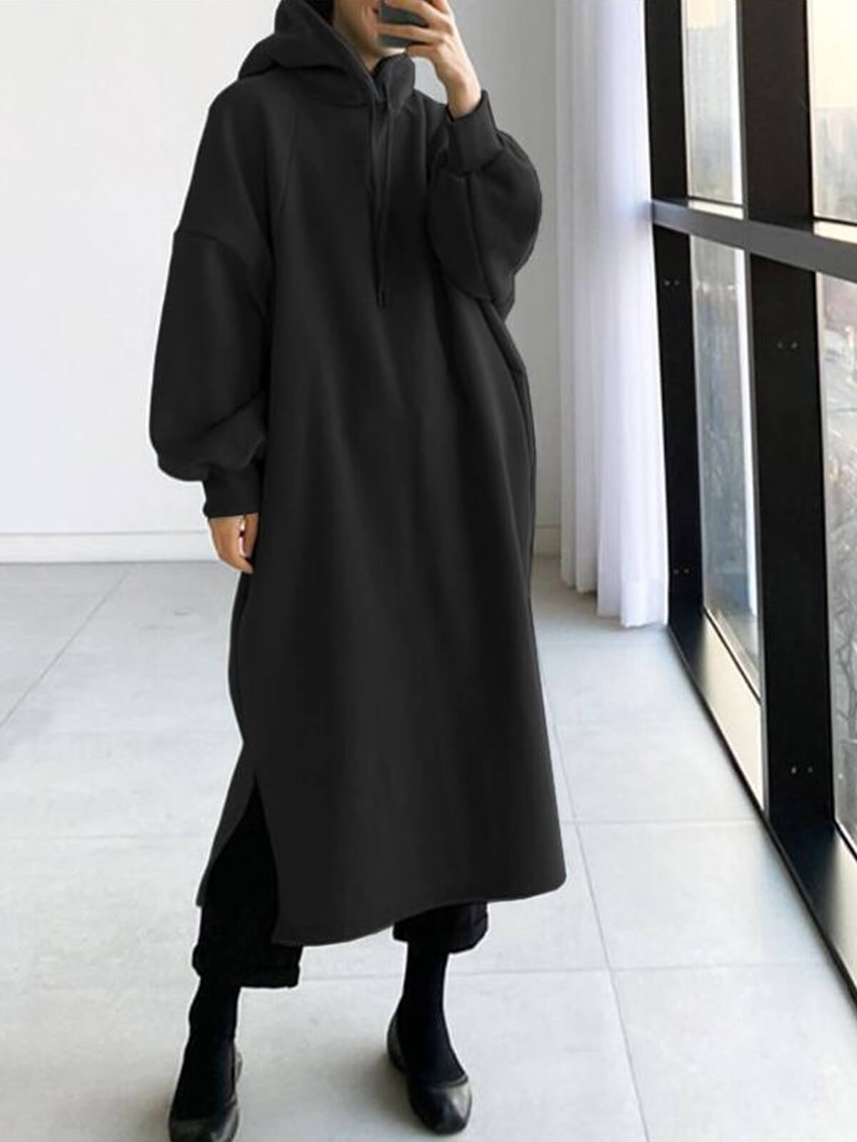 Long Sleeve Hooded Sweatshirt Maxi Dress with Pocket