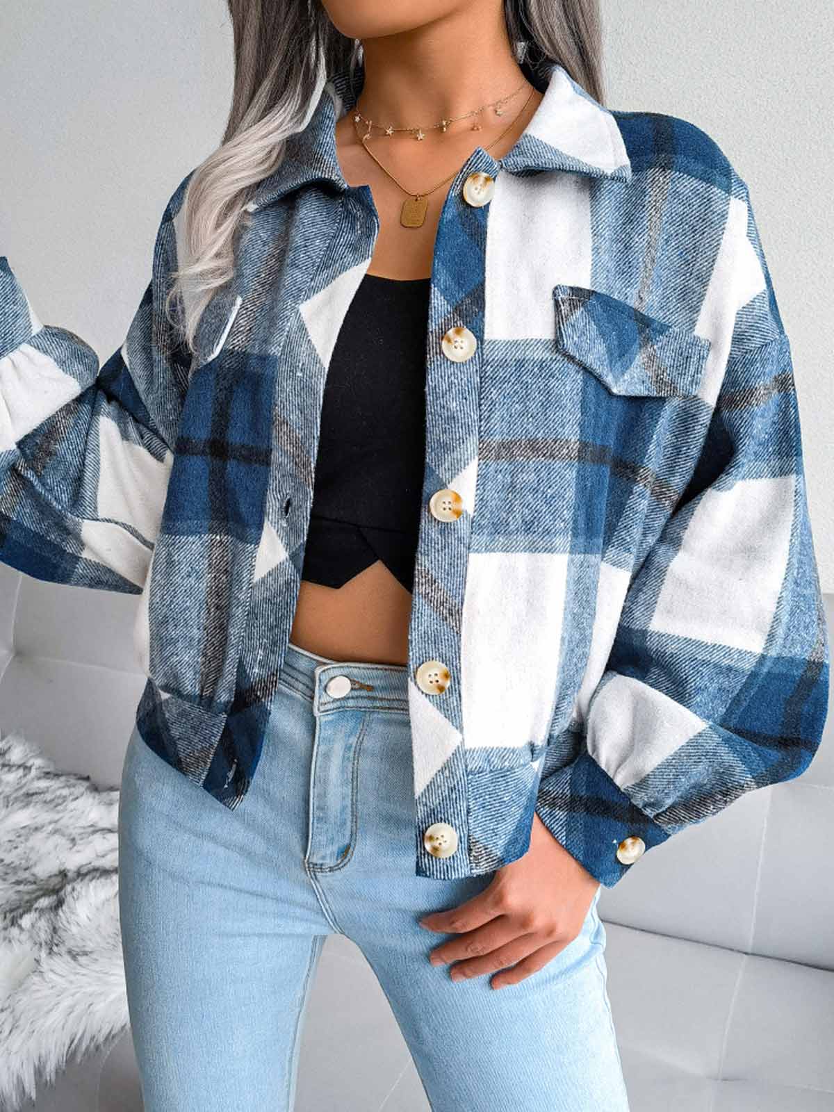 Plaid Lantern Long Sleeve Jacket