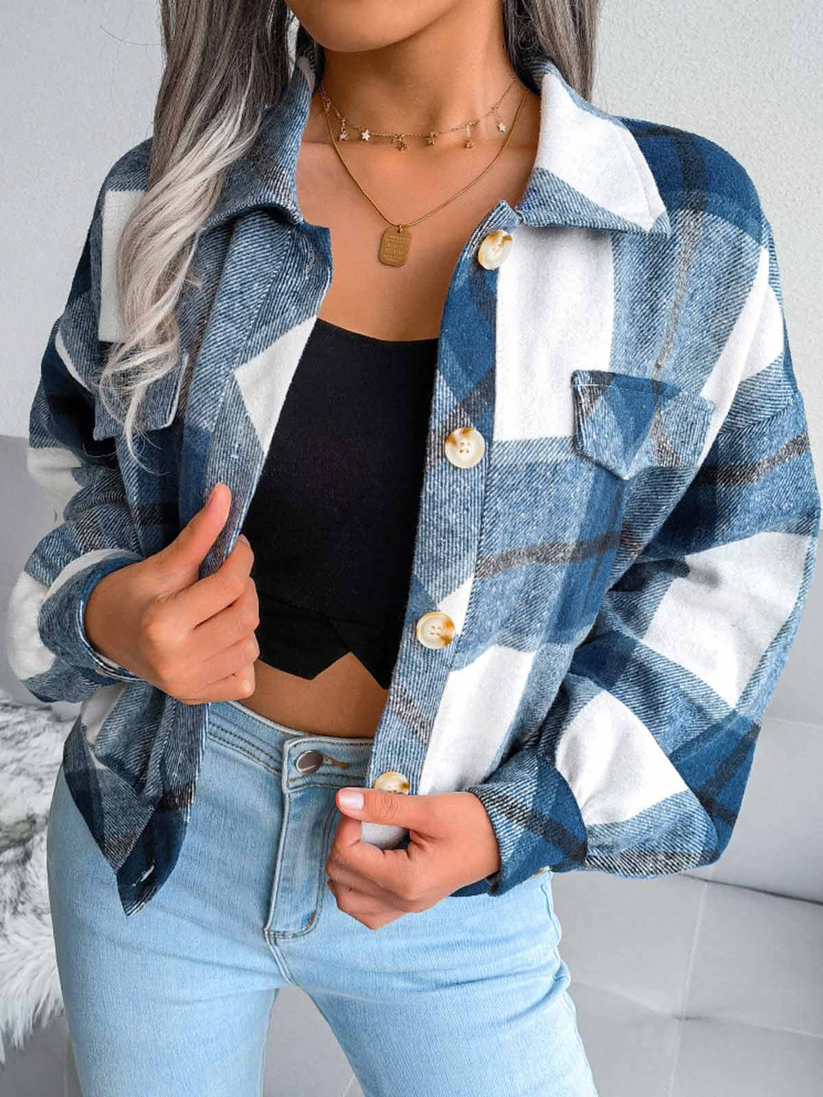 Plaid Lantern Long Sleeve Jacket