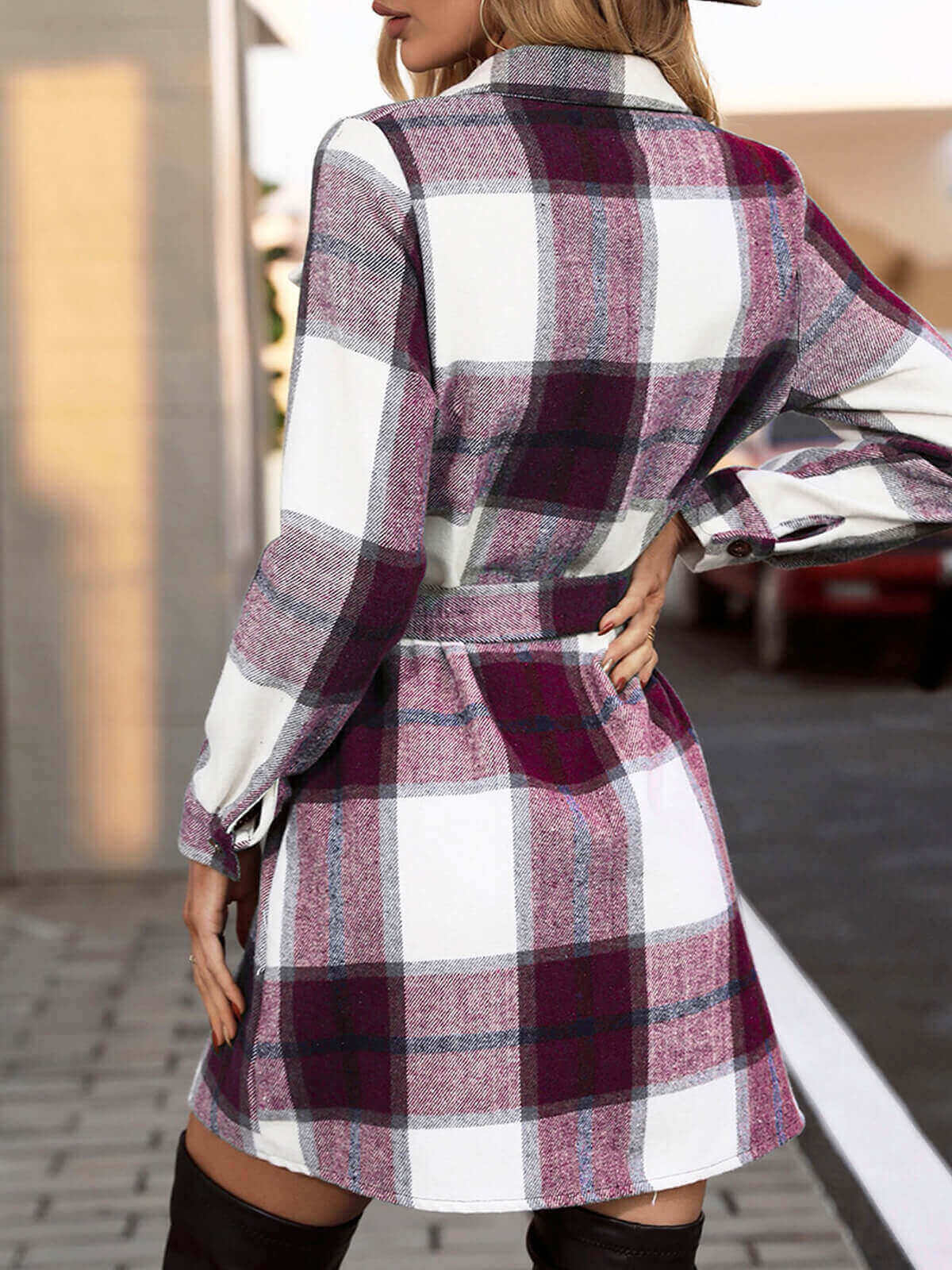 Lapel Plaid Midi Dress with Belt