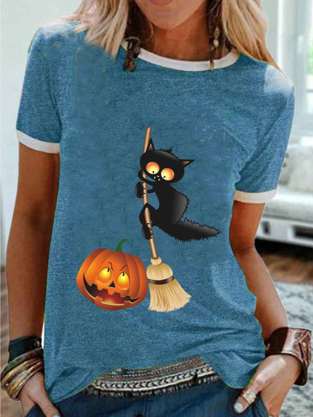 Funny Cat Halloween Crew Neck Tee