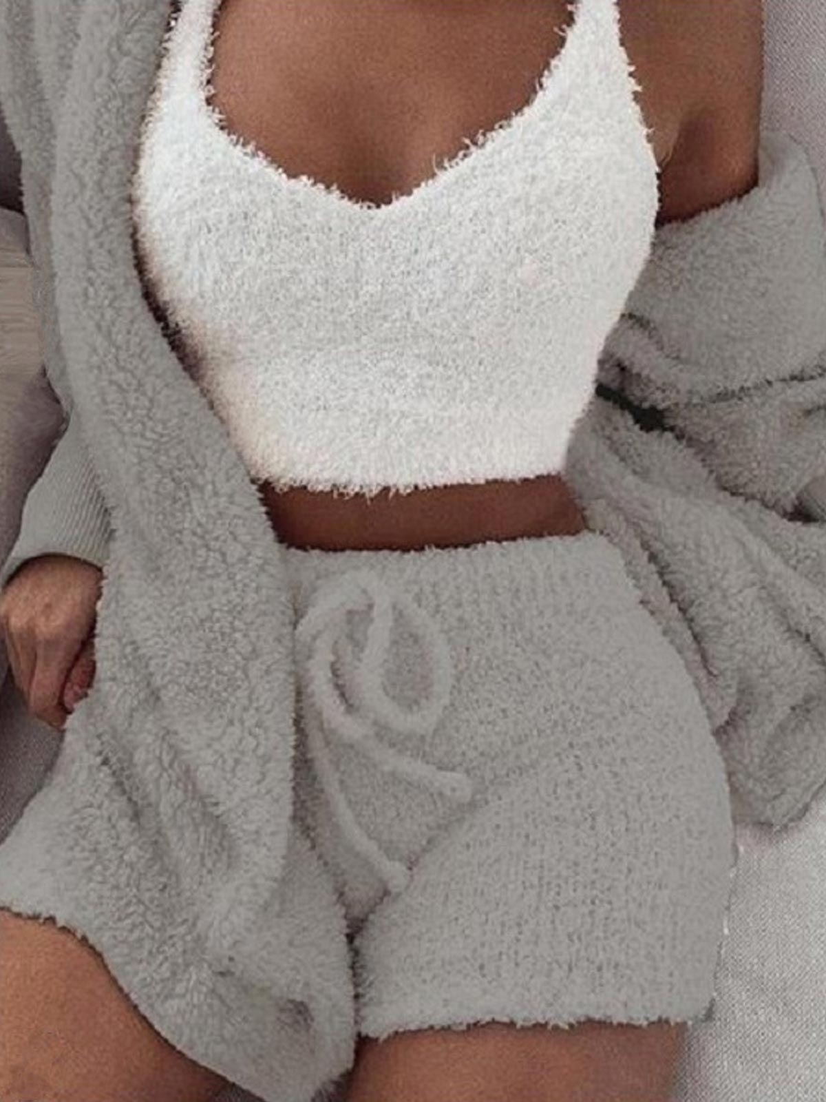Sexy Fuzzy 3-Piece Outfits Hooded Loungewear