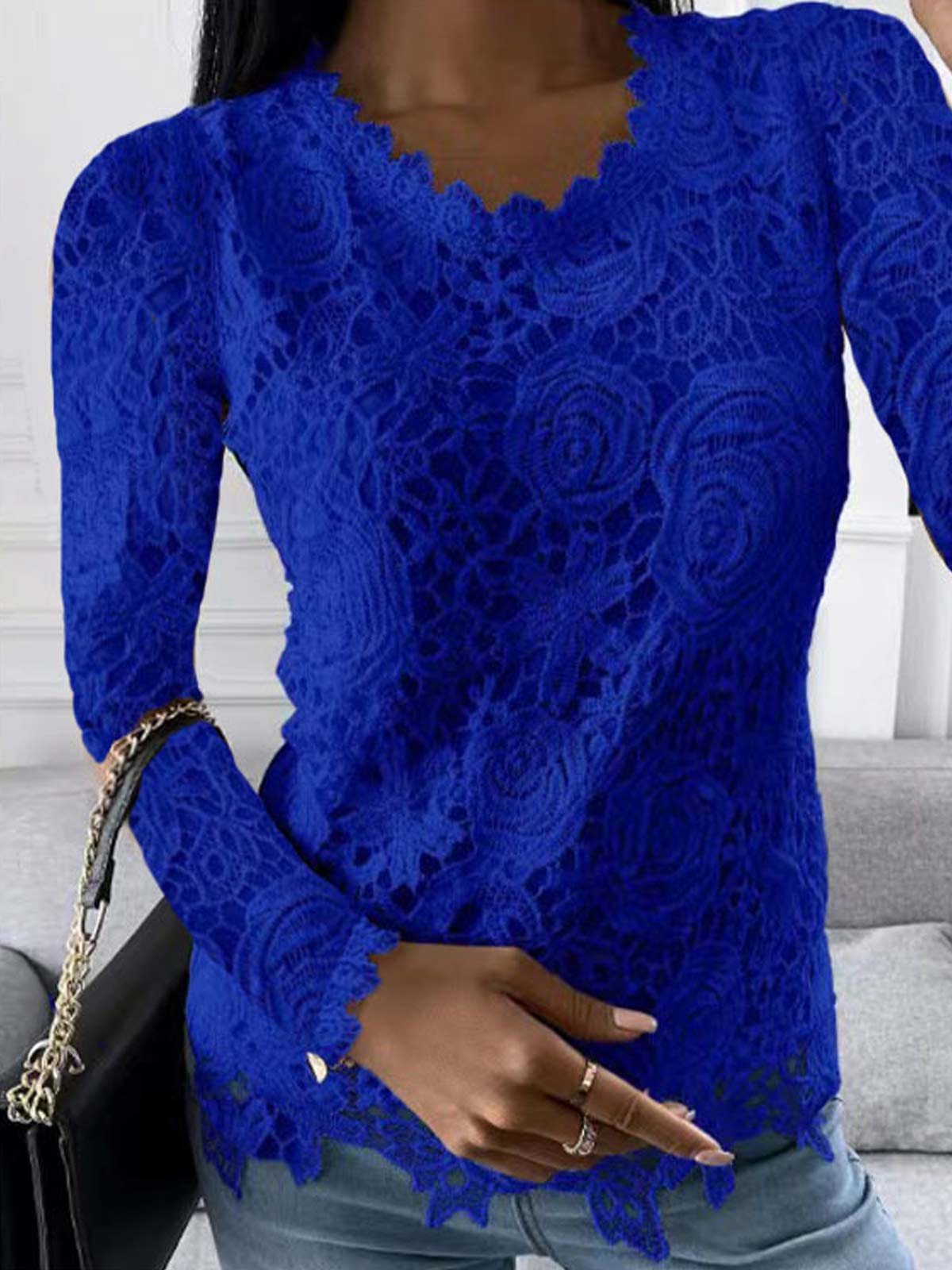 Lace Long Sleeve Crew Neck Tops