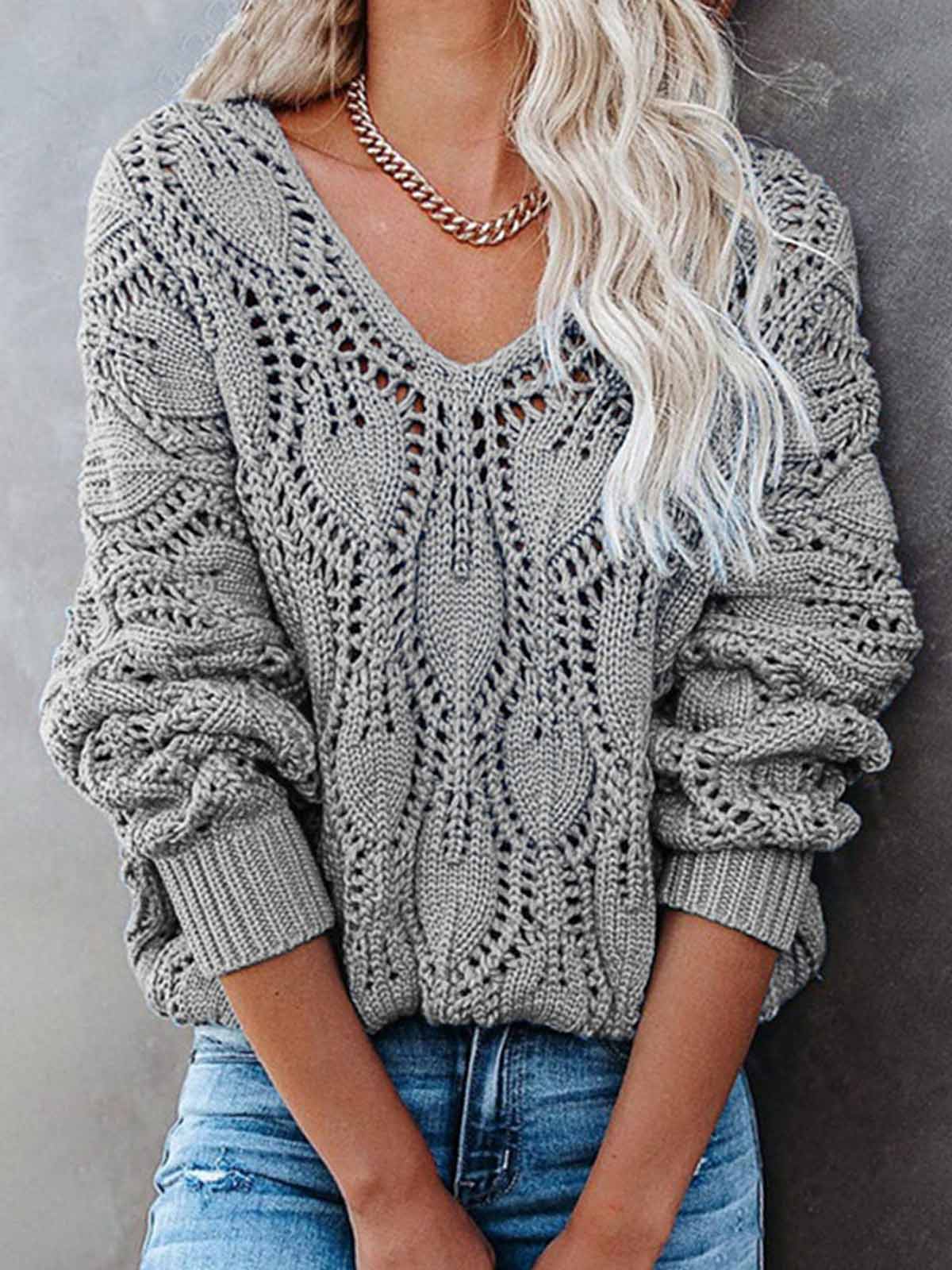 Long Sleeve V-Neck Ribbed Knit Pullover Sweaters