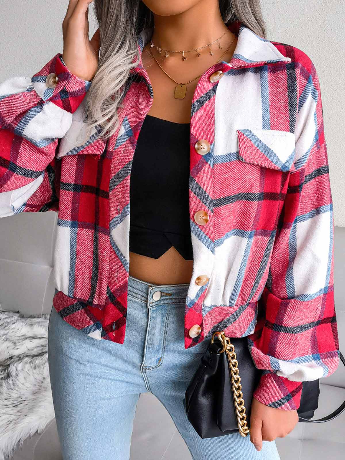 Plaid Lantern Long Sleeve Jacket