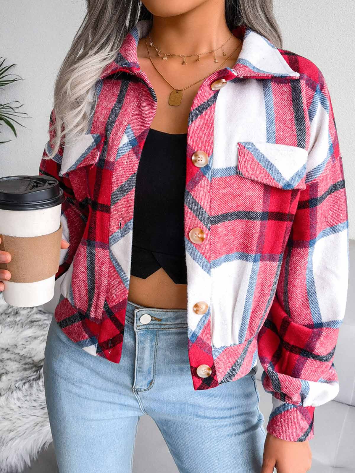 Plaid Lantern Long Sleeve Jacket