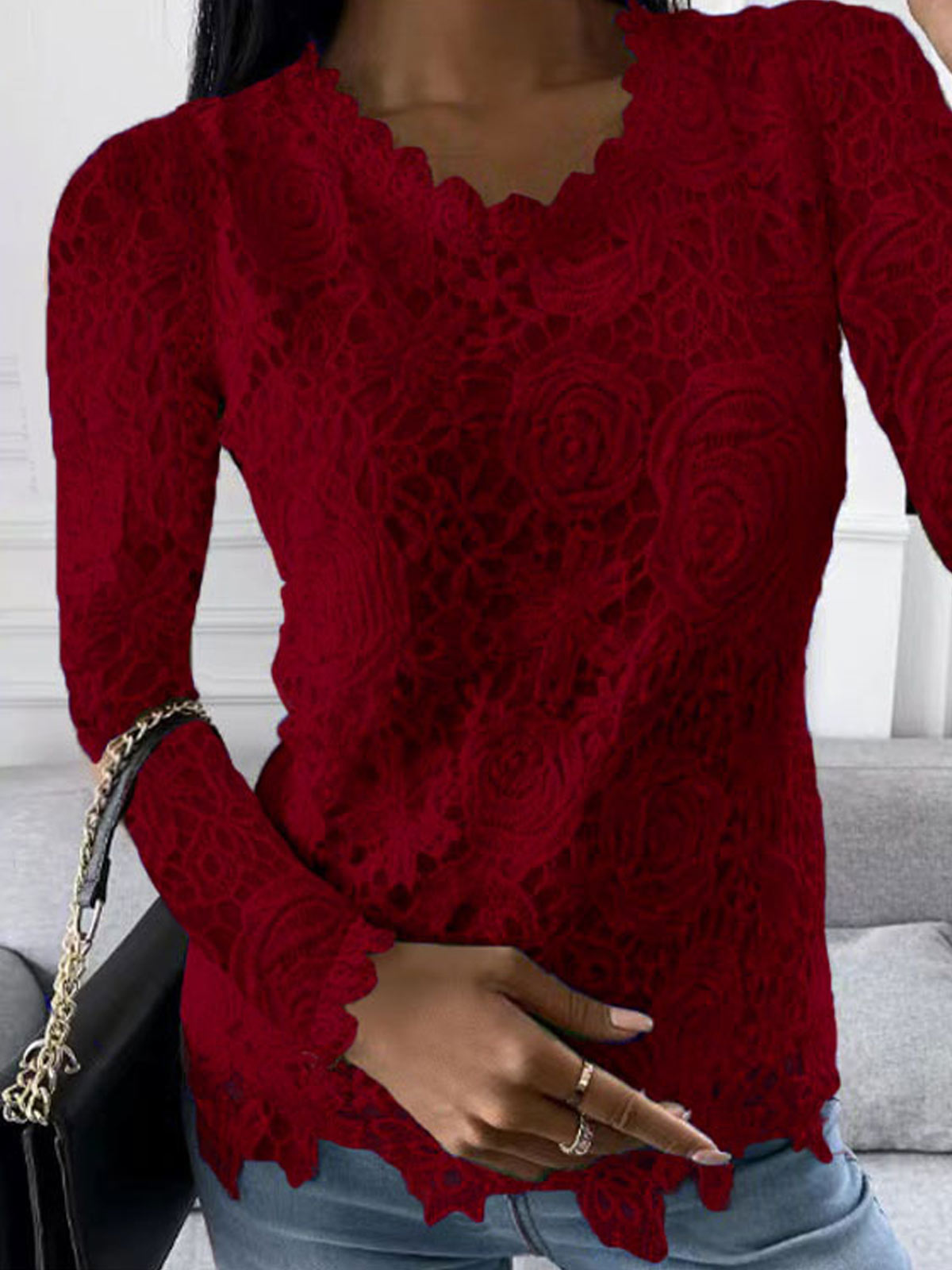 Lace Long Sleeve Crew Neck Tops