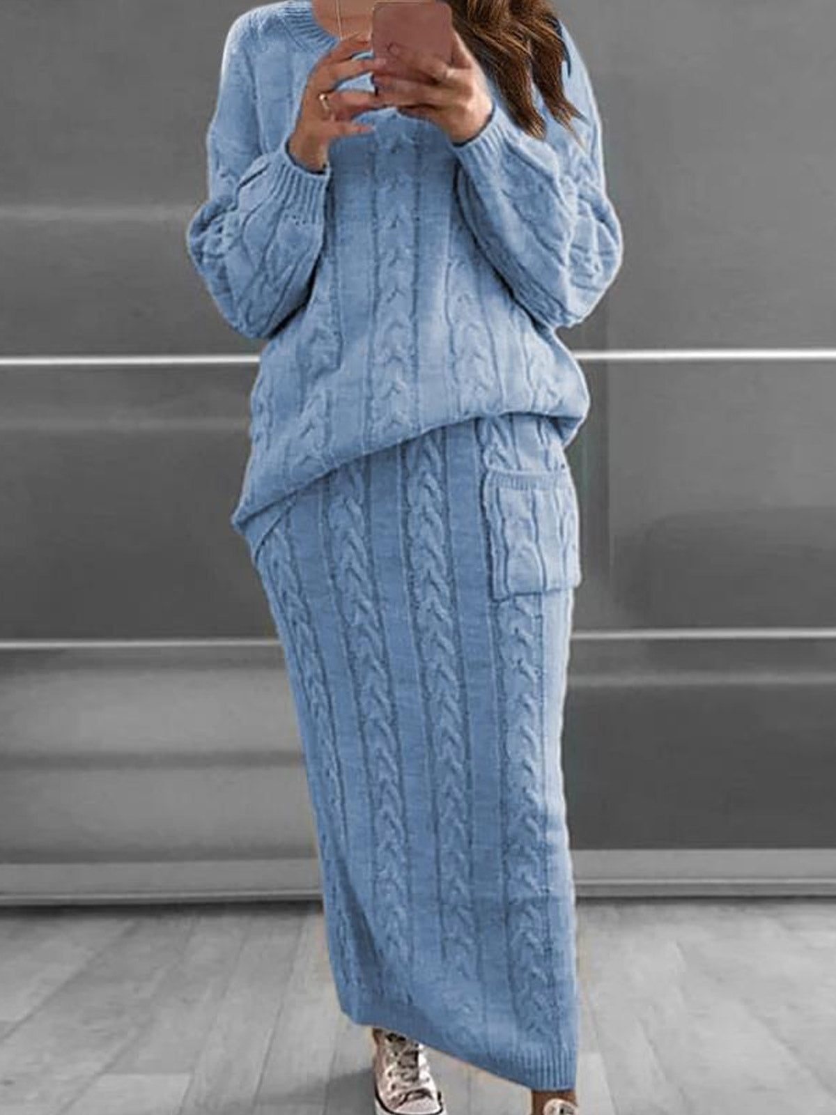 Chunky Cable Knit Long Sweater Sets