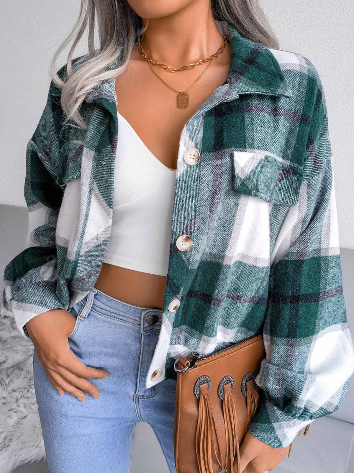 Plaid Lantern Long Sleeve Jacket