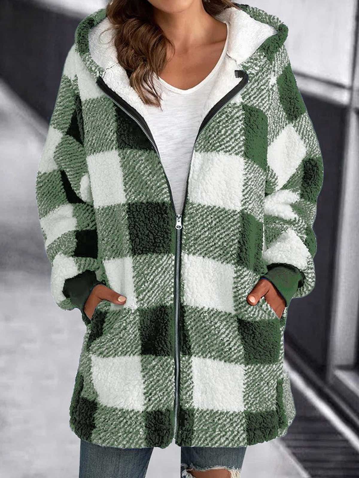 Oversized Hoodie Plaid Loose Overcoat