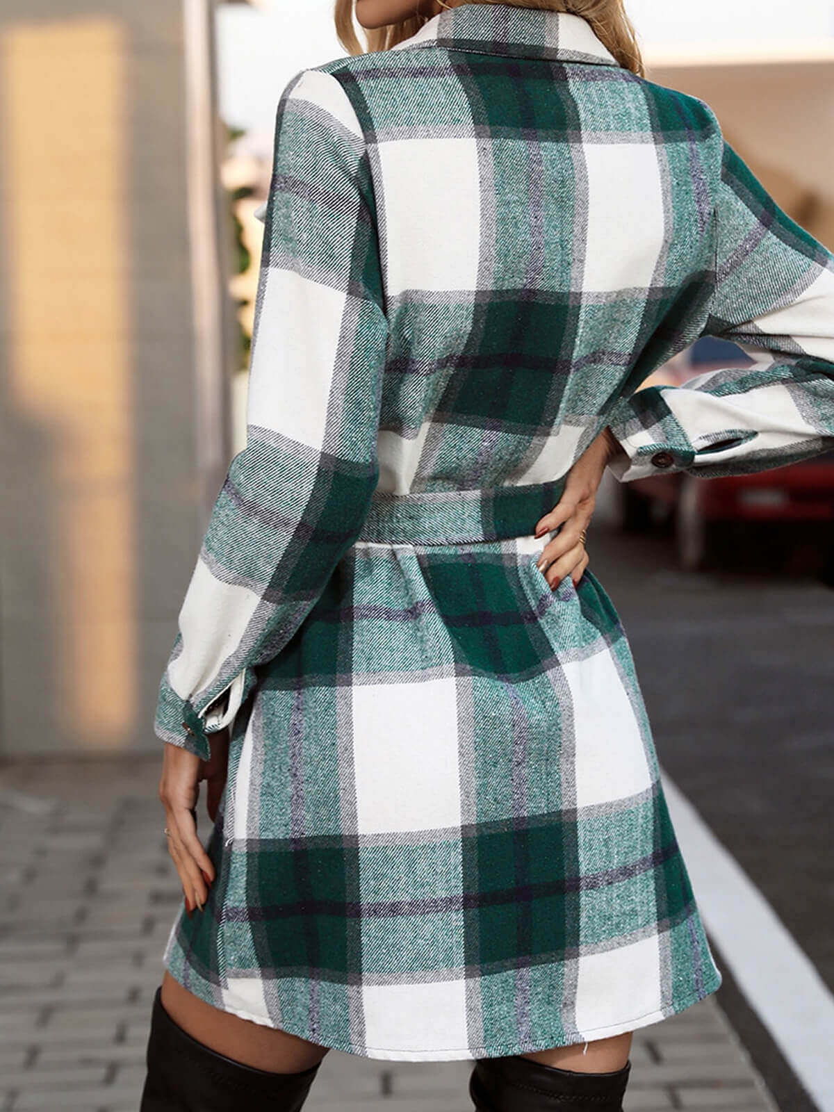 Lapel Plaid Midi Dress with Belt